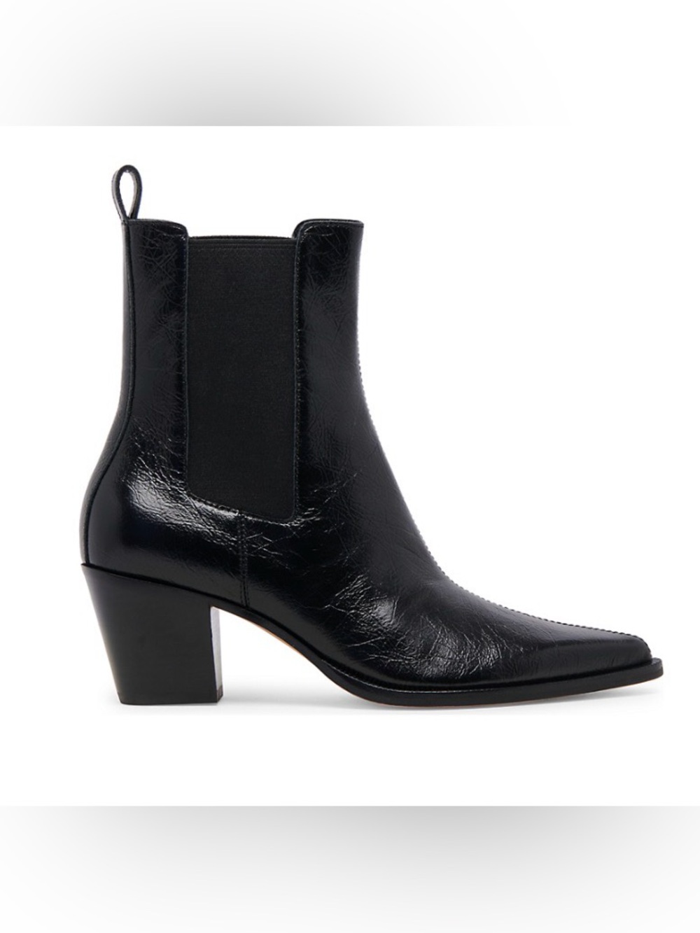 DOLCE VITA Black Leather Chelsea Ankle Boot with Block Heel and a pointed toe.